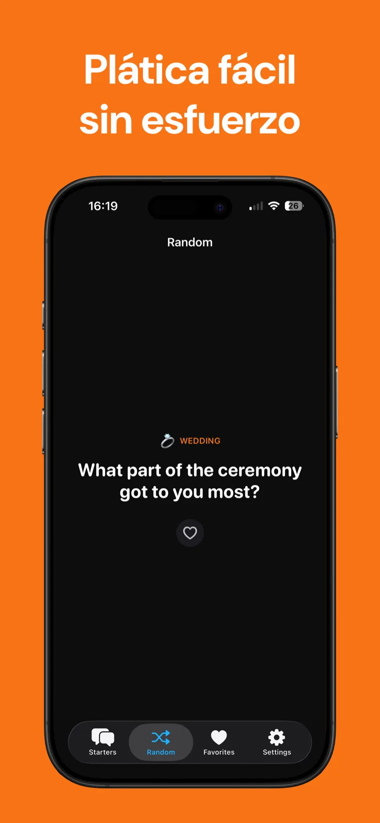 Plática fácil sin esfuerzo — Ice Breaker en iPhone mostrando un iniciador de conversación aleatorio de Boda con un botón de corazón para guardarlo