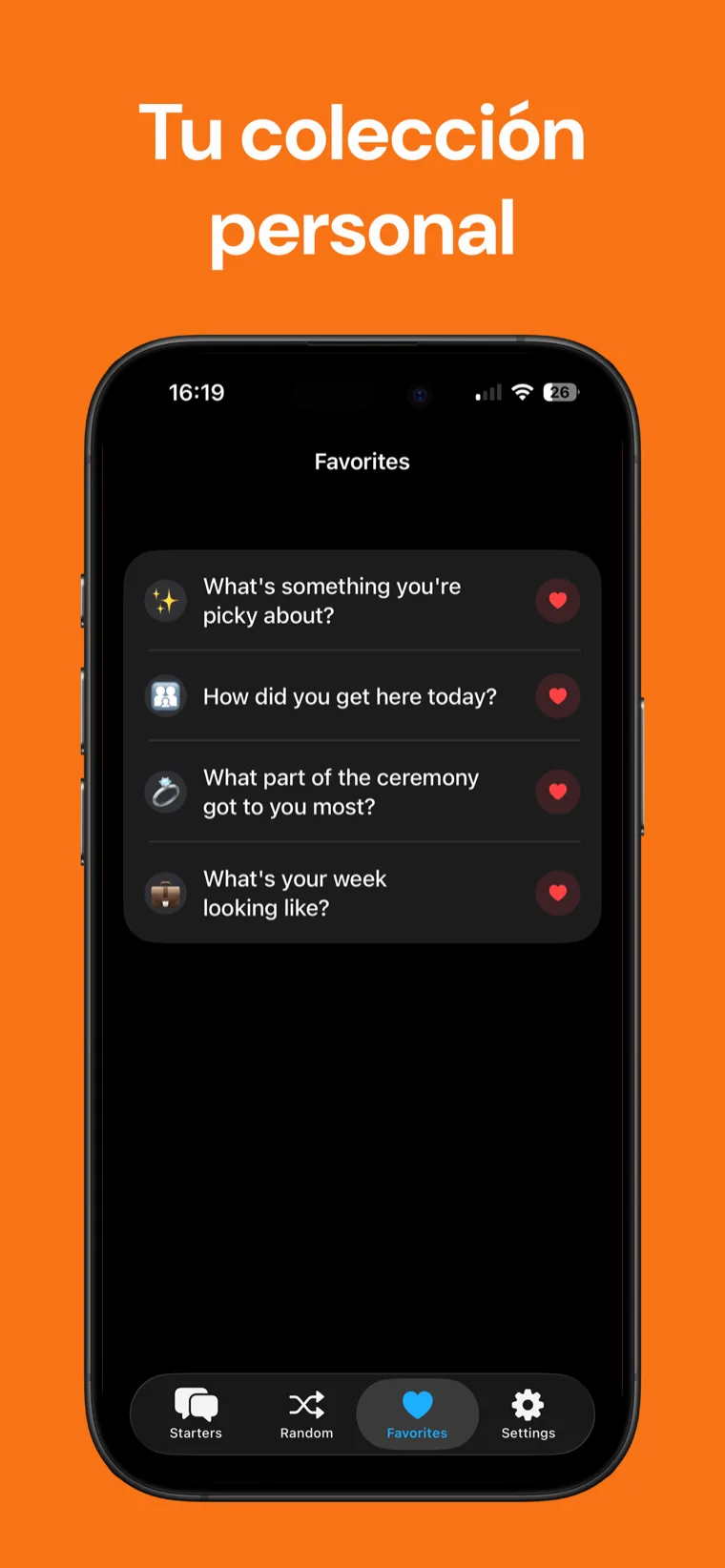 Tu colección personal — Lista de Favoritos de Ice Breaker con iniciadores de conversación marcados con corazón de diferentes categorías
