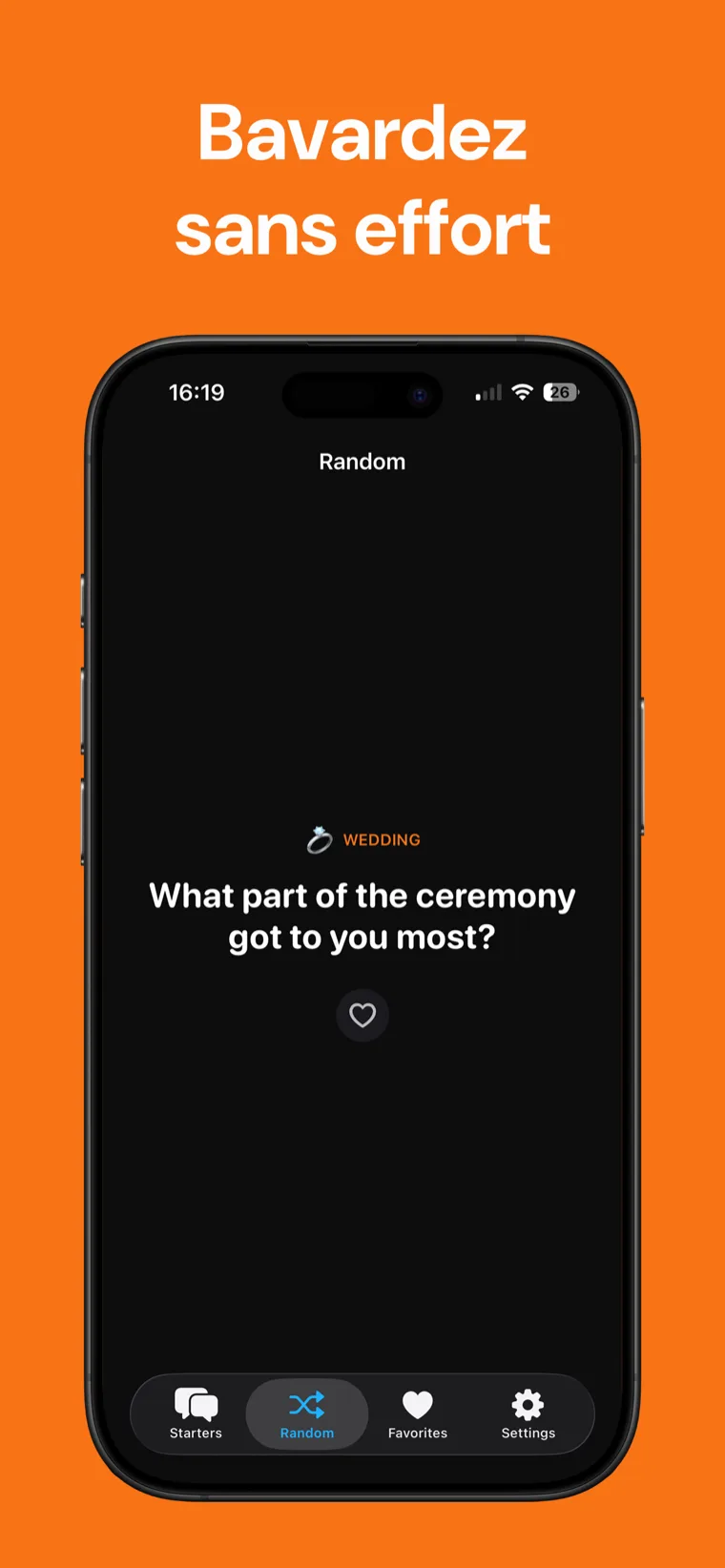 Bavardez sans effort — Ice Breaker sur iPhone montrant un démarreur de conversation aléatoire pour un mariage avec un bouton cœur pour le sauvegarder