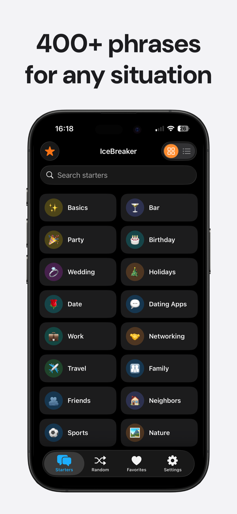 400+ phrases for any situation — Ice Breaker category grid with 16 situations from Bar and Party to Networking and Travel, plus a search bar