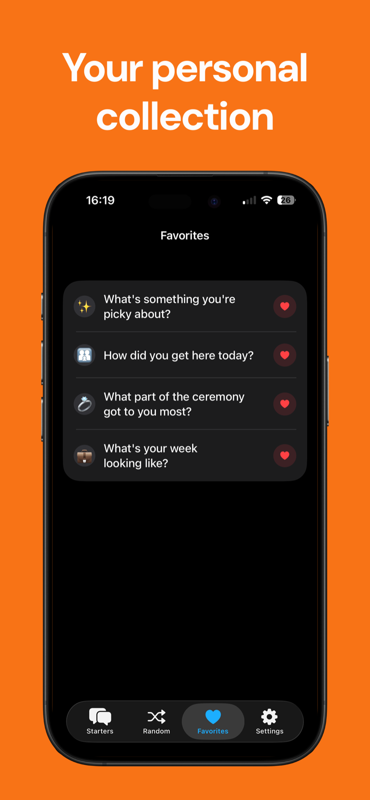 Your personal collection — Ice Breaker Favorites list showing hearted conversation starters from different categories