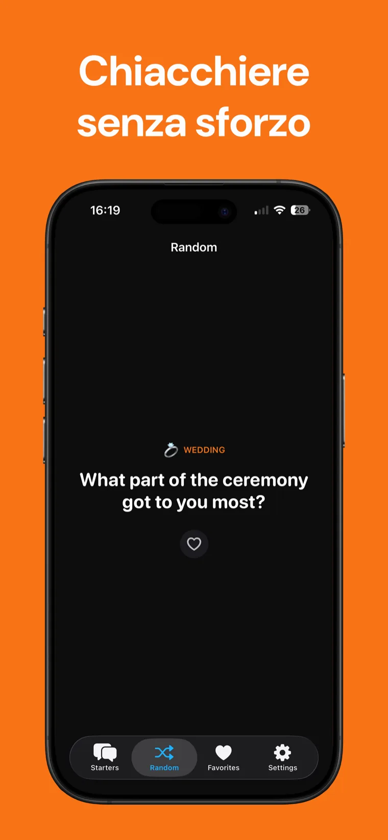 Chiacchiere senza sforzo — Ice Breaker su iPhone che mostra uno spunto di conversazione casuale per Matrimonio con un pulsante a cuore per salvarlo