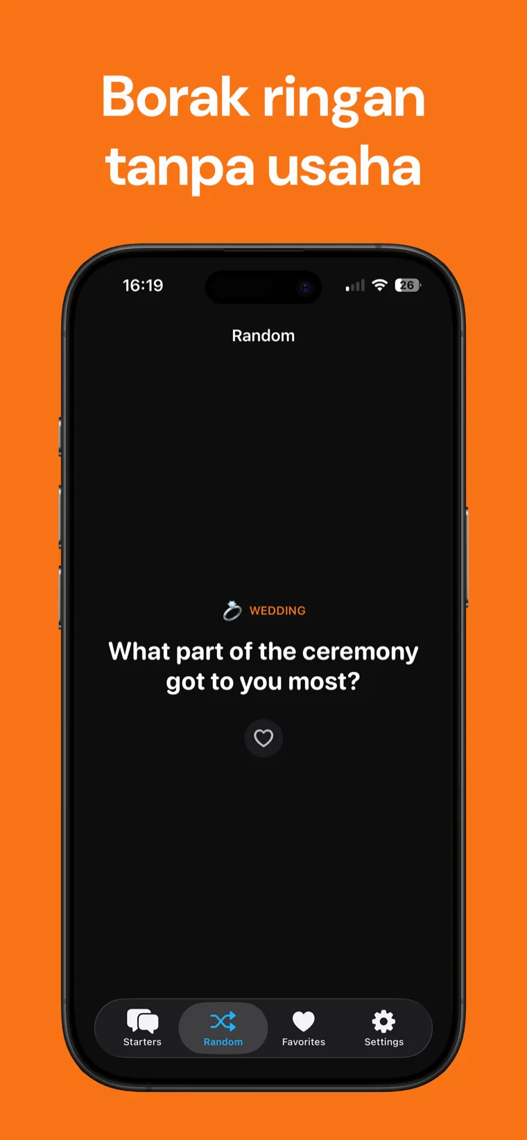 Borak ringan tanpa usaha — Ice Breaker pada iPhone menunjukkan pembuka perbualan rawak untuk Perkahwinan dengan butang hati untuk menyimpannya